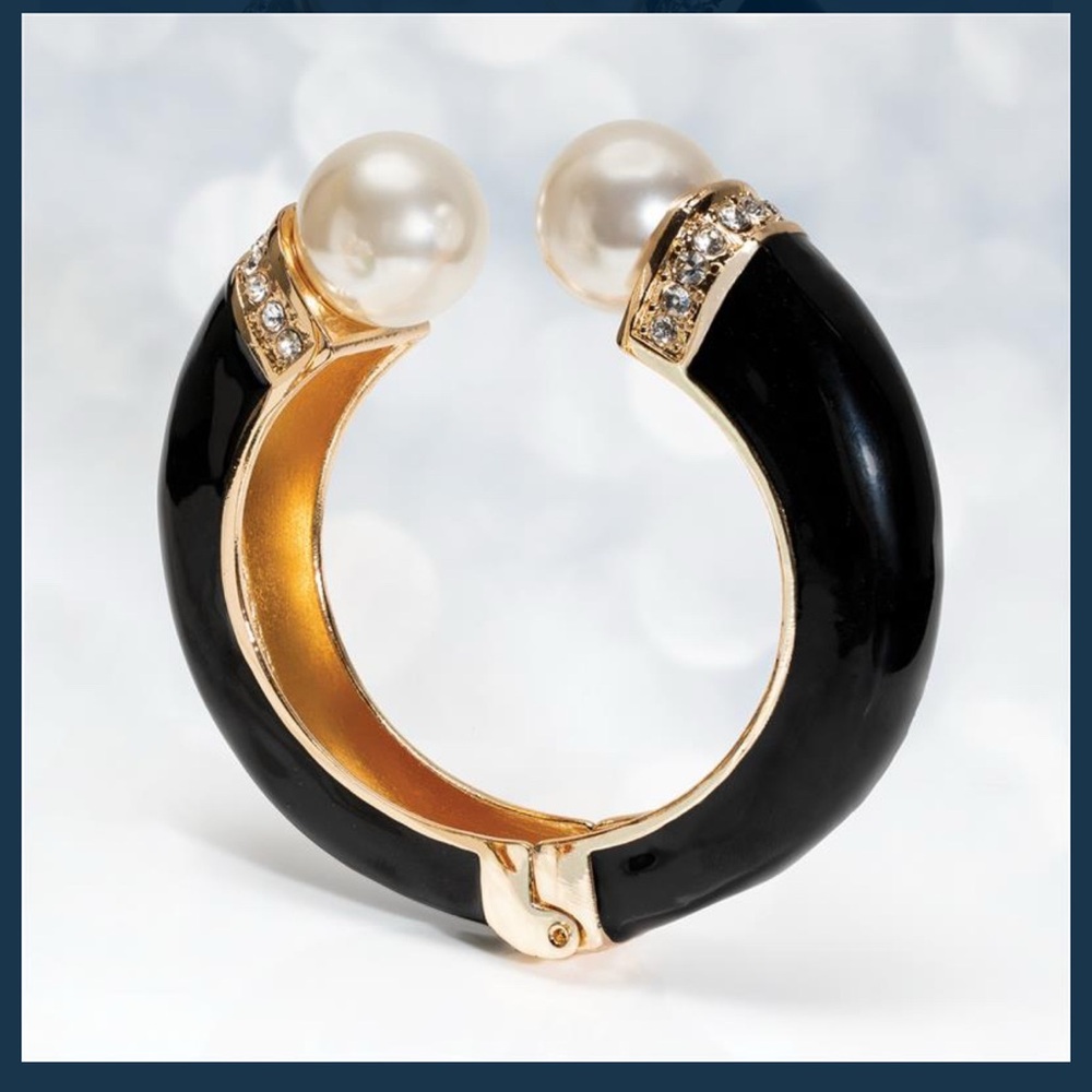 Black Enamel Pearl-Top Hinged Bracelet with Gold Accents